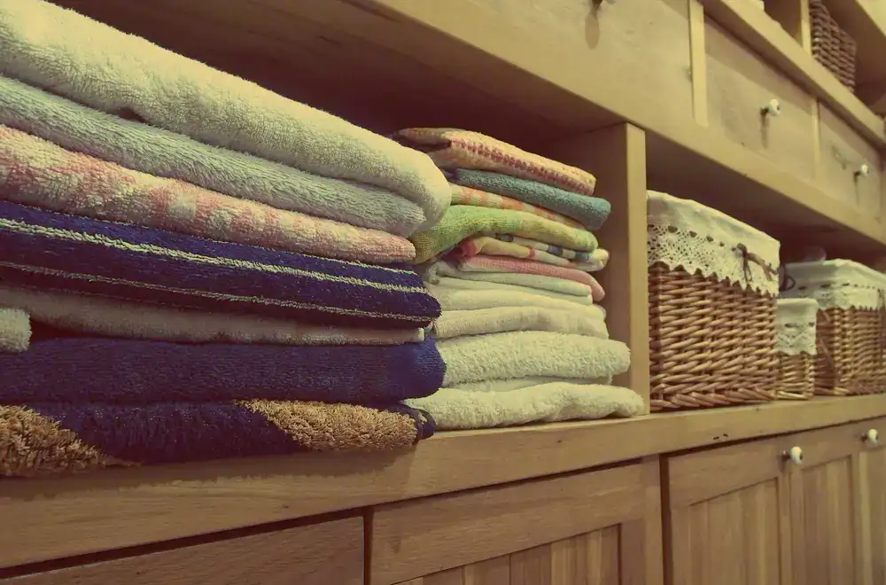 Neat shelves of folded laundry waiting for dispatch