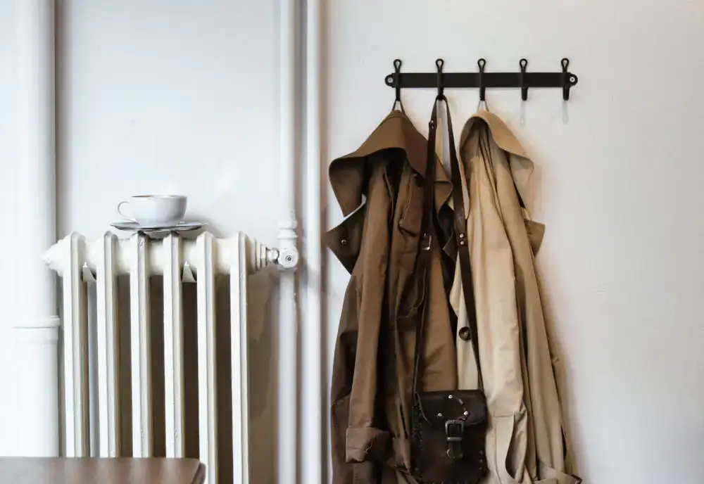 Winter coats hanging in a row
